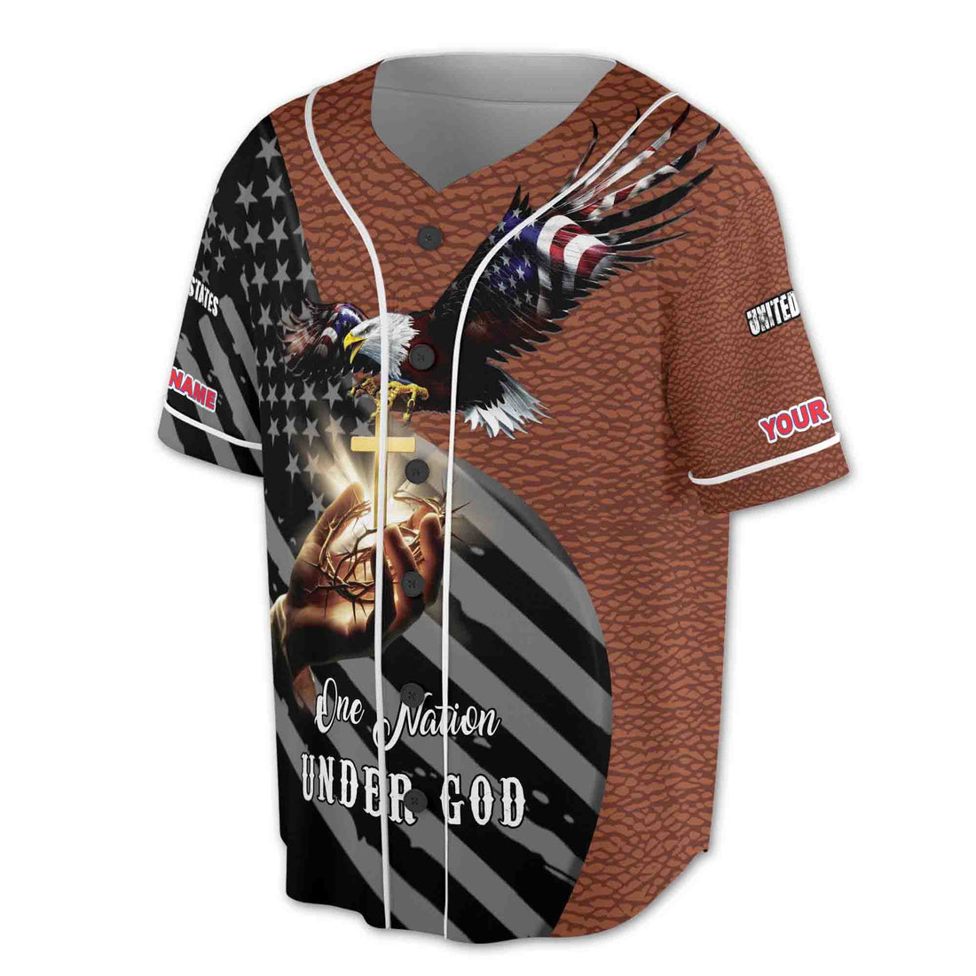 One Nation Under God Eagle American Flag Leather Pattern Baseball Jersey S-5XL