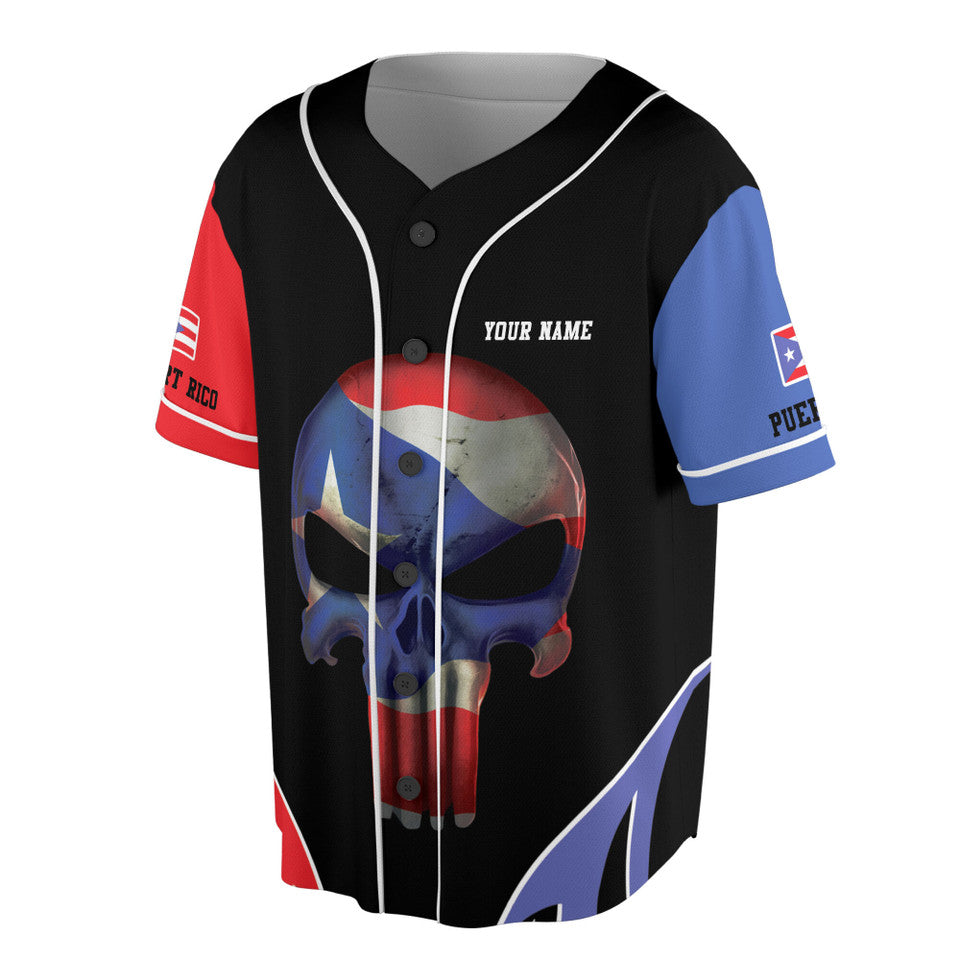 Custom Patriotic Puerto Rico Flag Skull Baseball Jersey S-5XL