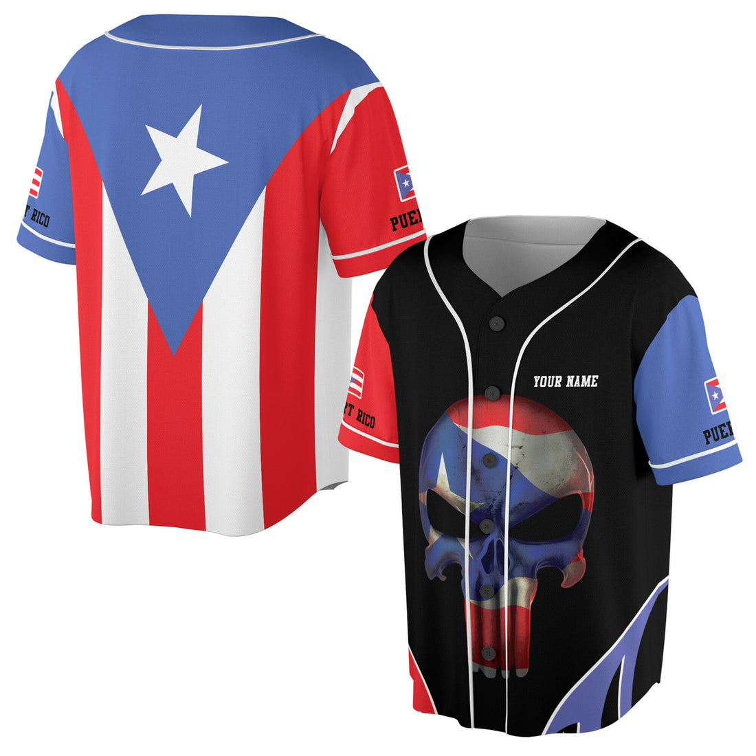 Custom Patriotic Puerto Rico Flag Skull Baseball Jersey S-5XL