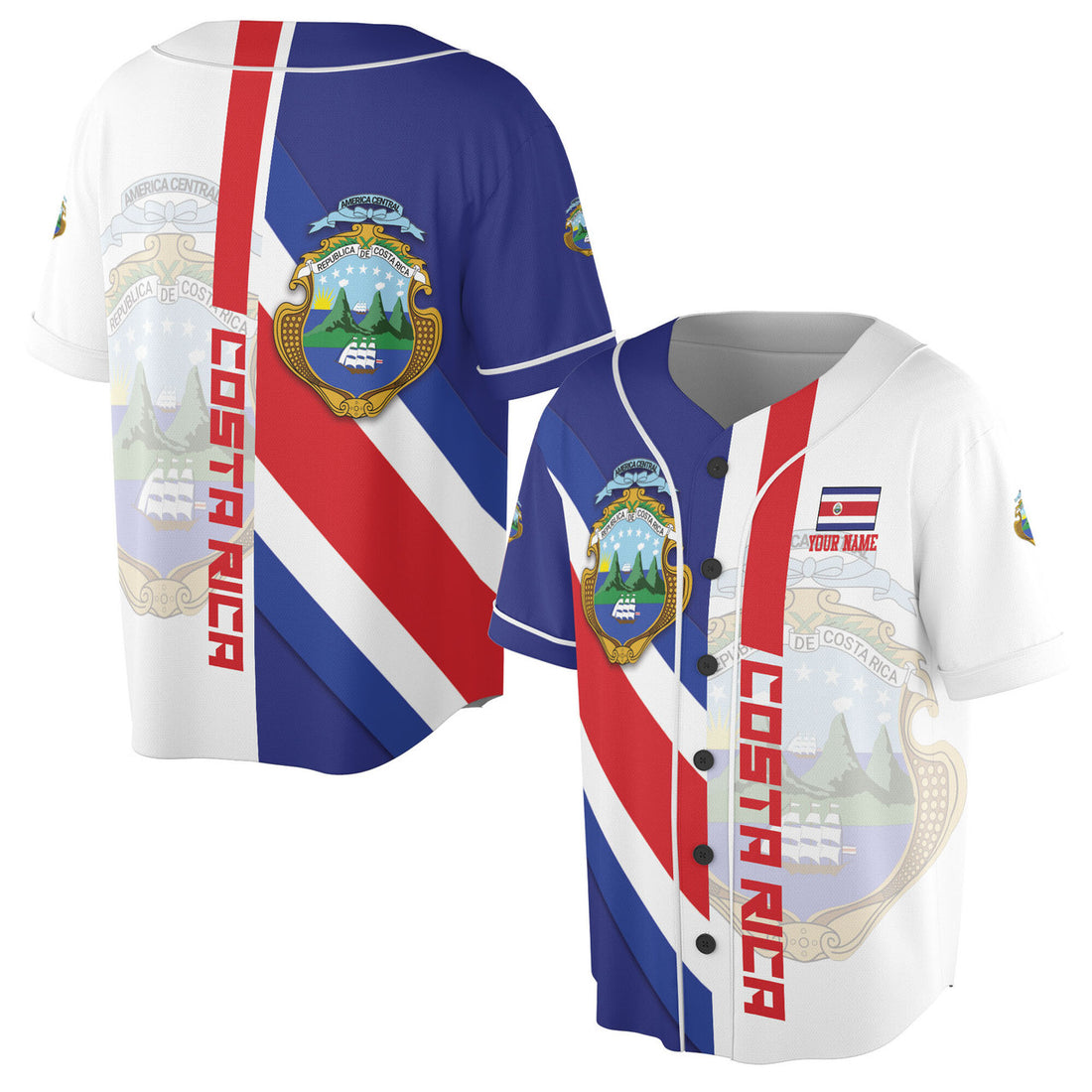 Custom Patriotic Costa Rica Coat of Arms Baseball Jersey S-5XL