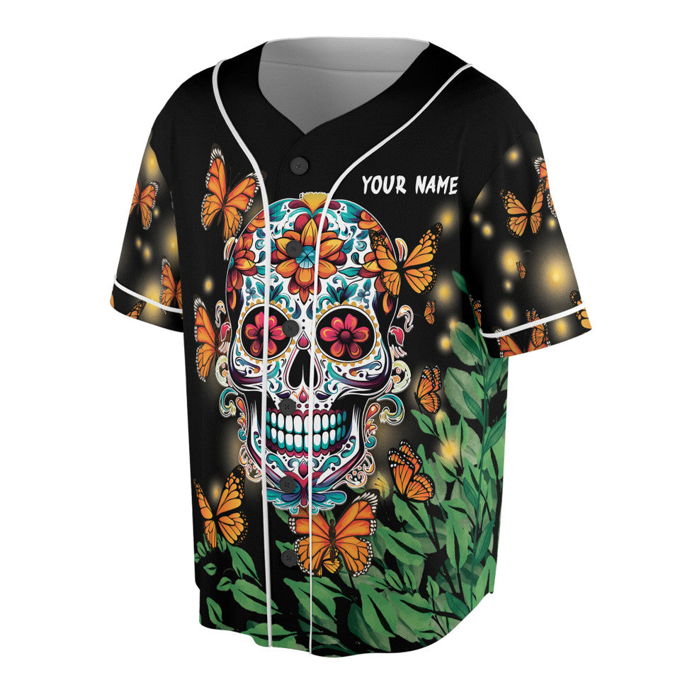 Custom Name Skull Butterfly Floral Baseball Jersey S-5XL