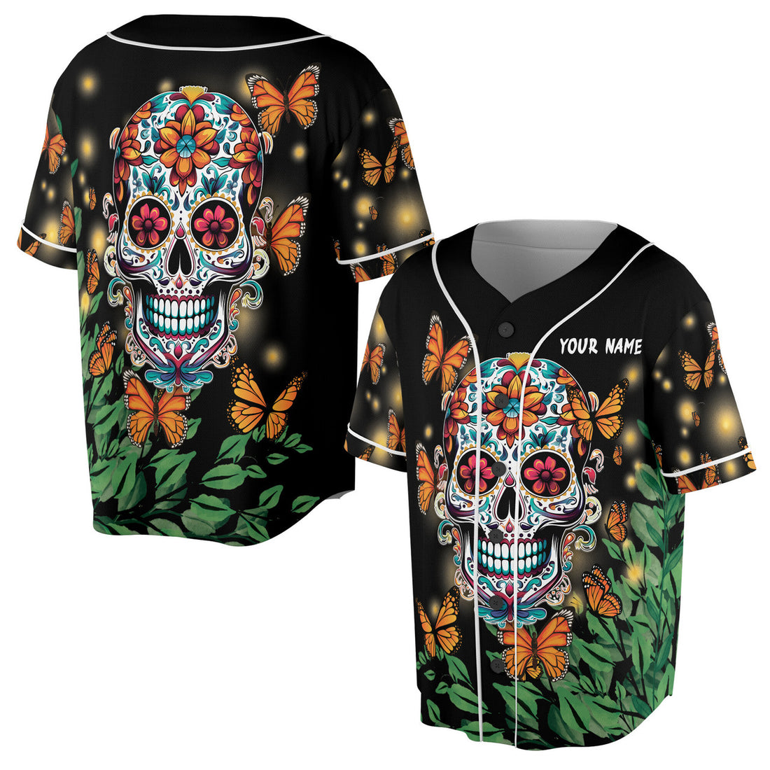 Custom Name Skull Butterfly Floral Baseball Jersey S-5XL