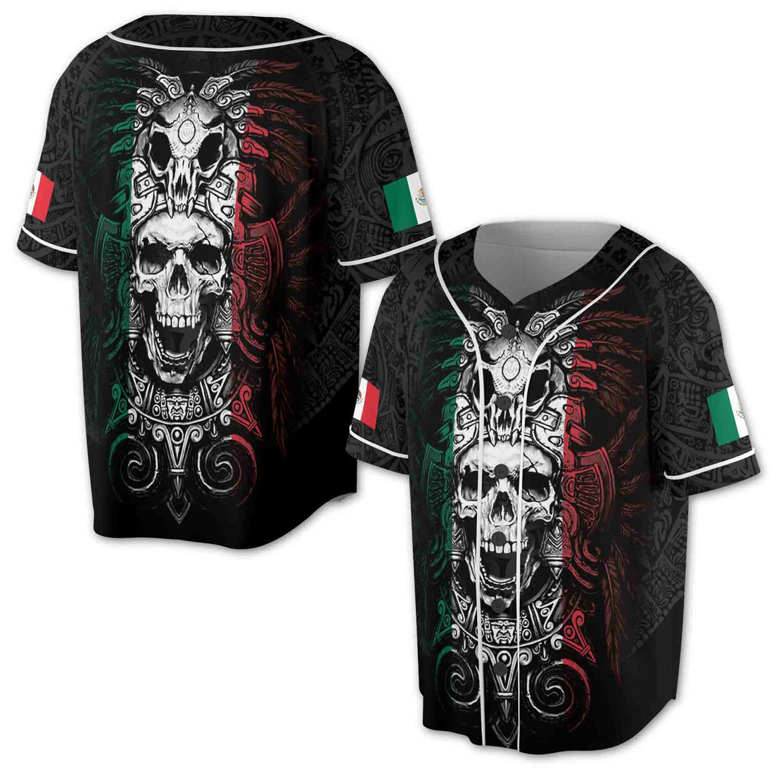 Mexico Skull Aztec Tattoo Pattern Grunge Baseball Jersey S-5XL