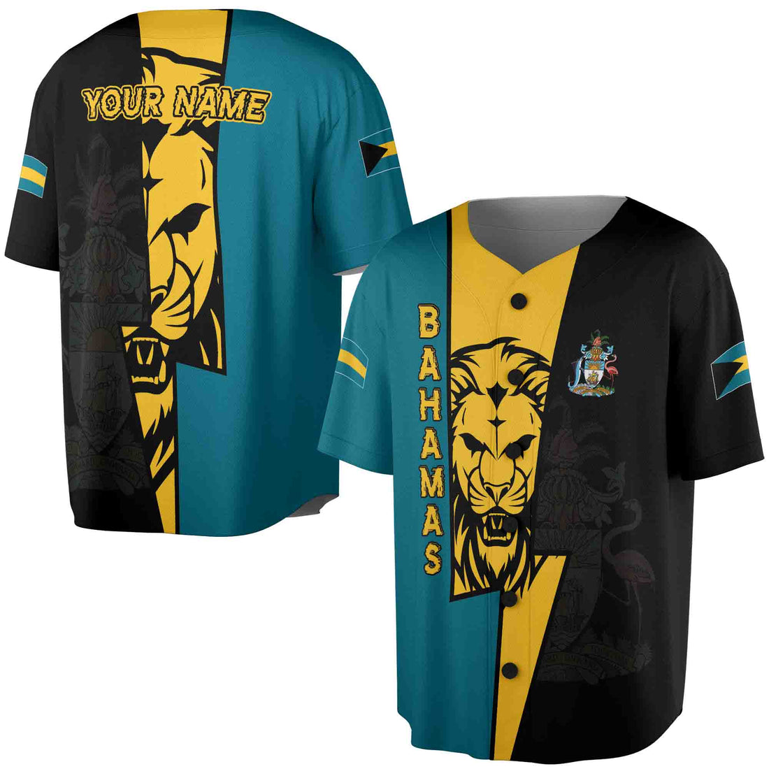 Custom Name Bahamas Flag Lion Coat Of Arms Baseball Jersey S-5XL