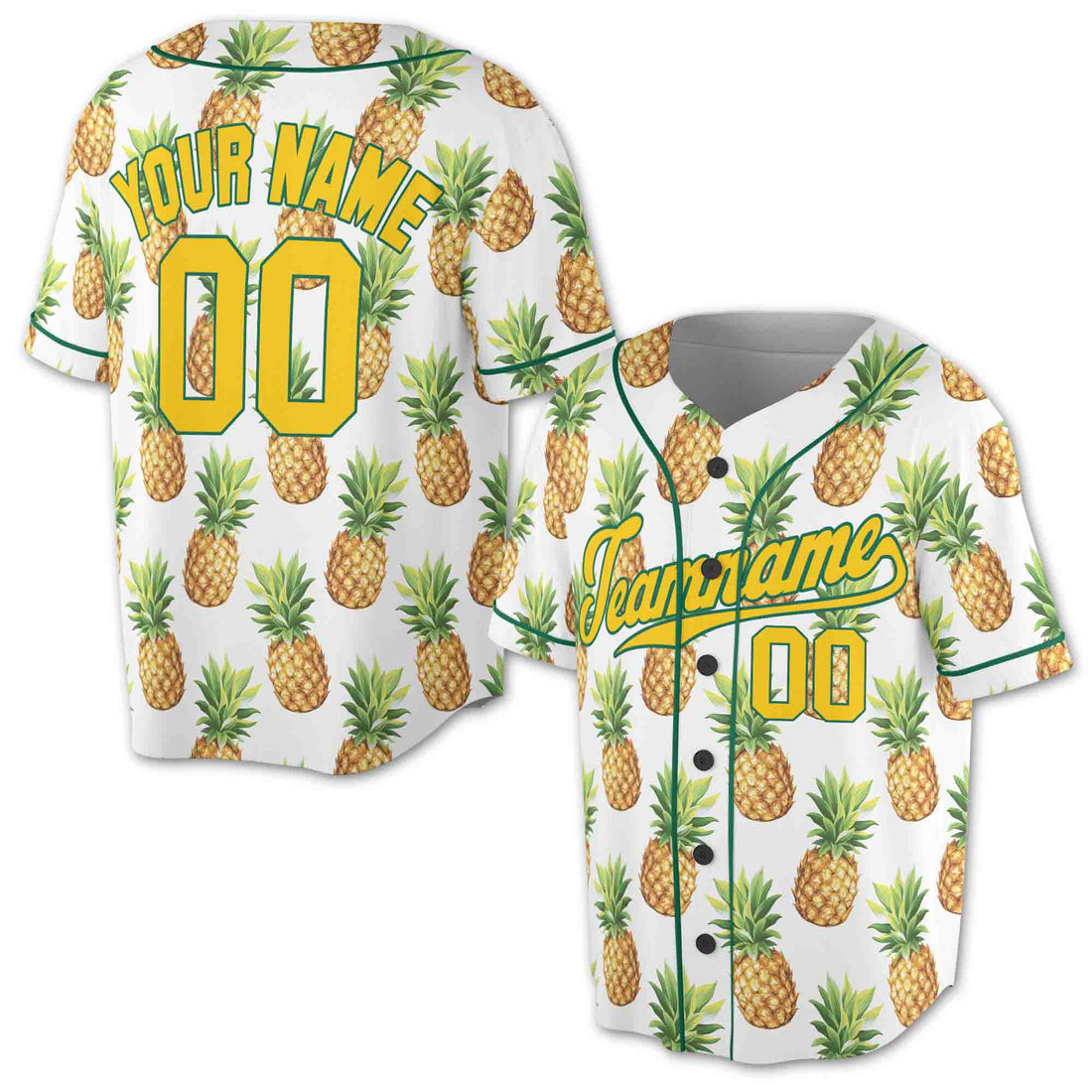 Custom Pineapple Yellow Gold Tropical 3D Baseball Jersey S-5XL