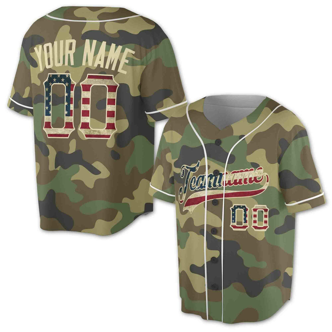 Custom Camo USA Flag Salute to Service Baseball Jersey S-5XL