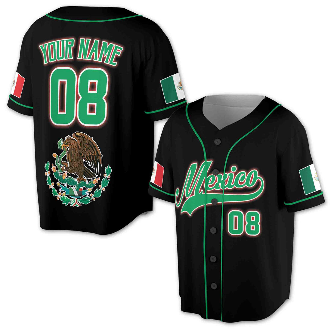 Personalized Name Mexico Flag 3D All Over Print Baseball Jersey Shirt Size S-5XL
