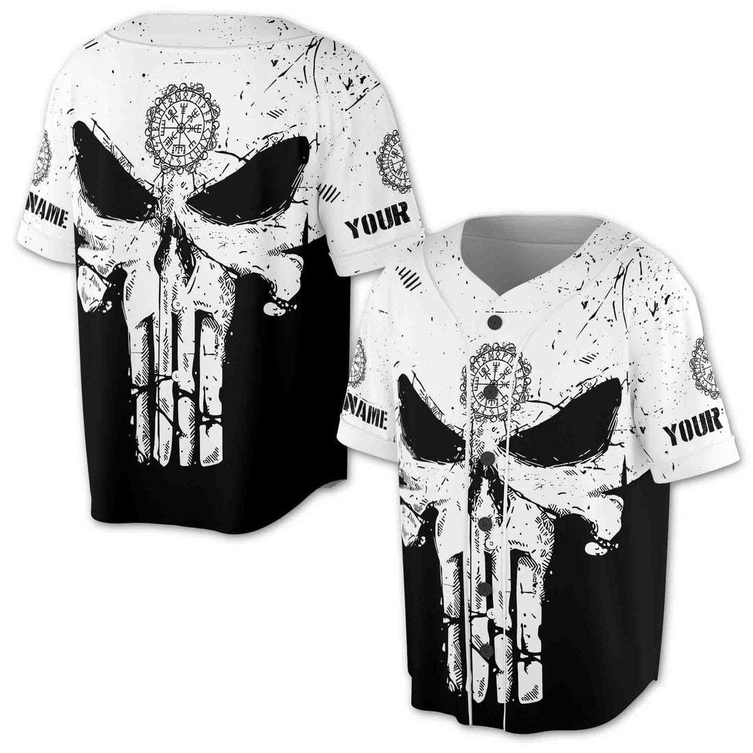 Black White Norse Compass Punisher Viking Custom Baseball Jersey S-5XL