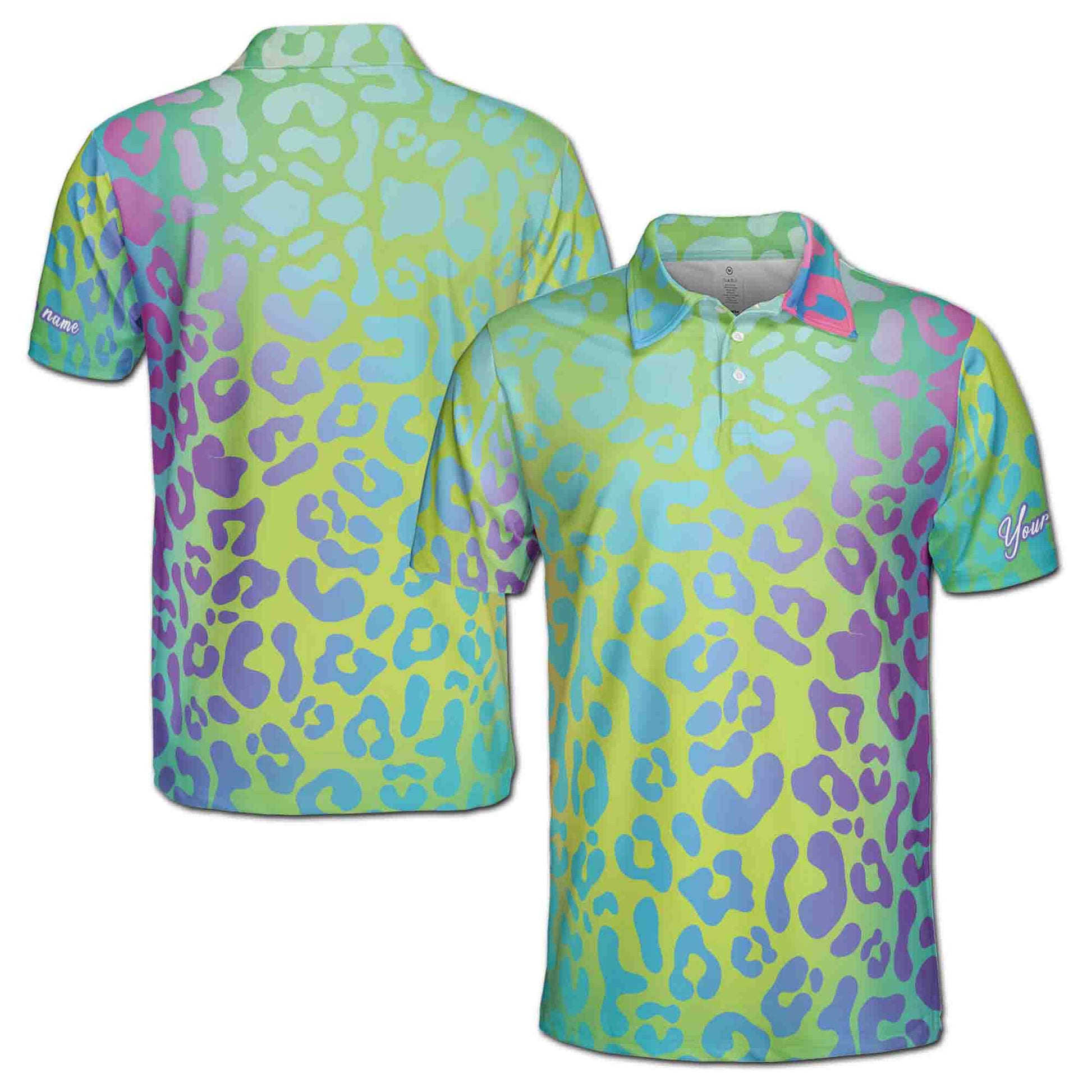 Custom Name Rainbow Leopard Golf Men's Polo Shirt S-5XL