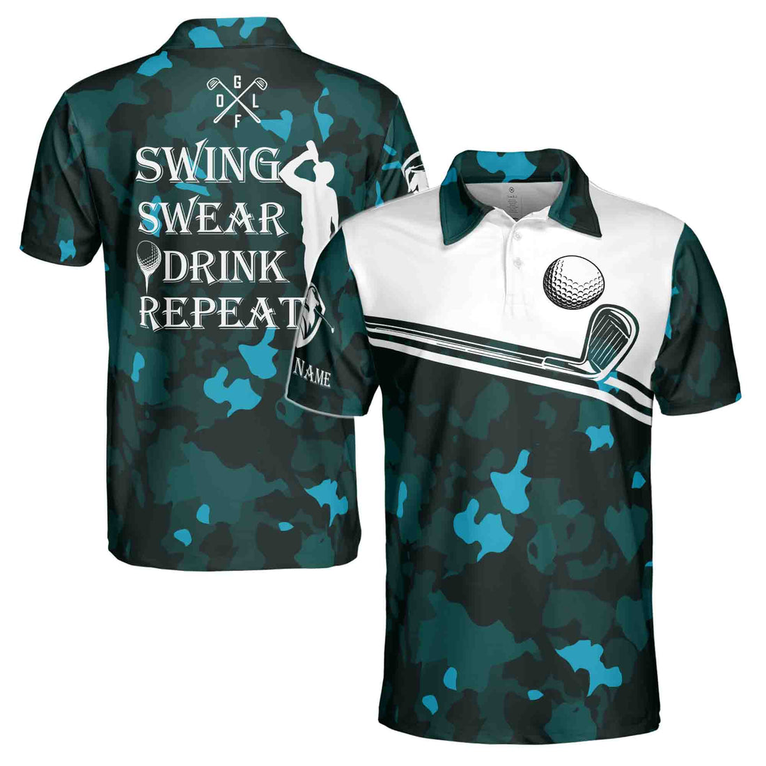 Swing Swear Drink Repeat Custom Name Camo Golf Men's Polo Shirt S-5XL