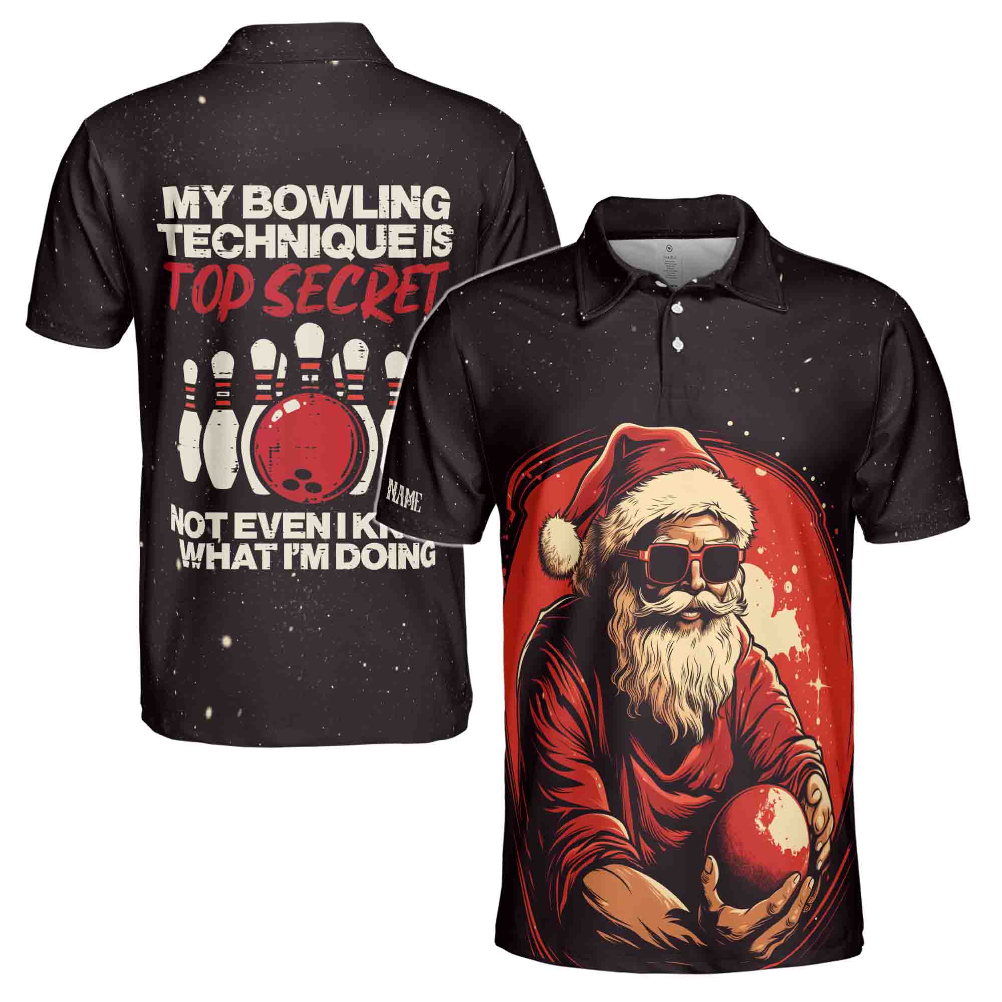 Funny Santa Bowling My Bowling Techniques Is Top Secret Men's Polo Shirt S-5XL