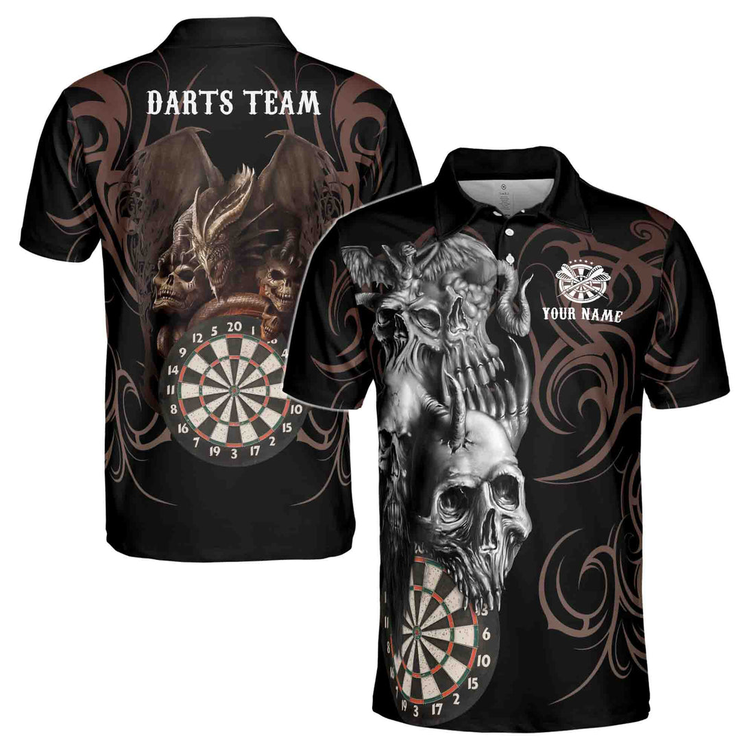 Custom Darts Skull and Dragon, Darts Team 3D Men's Polo Shirt Size S-5XL