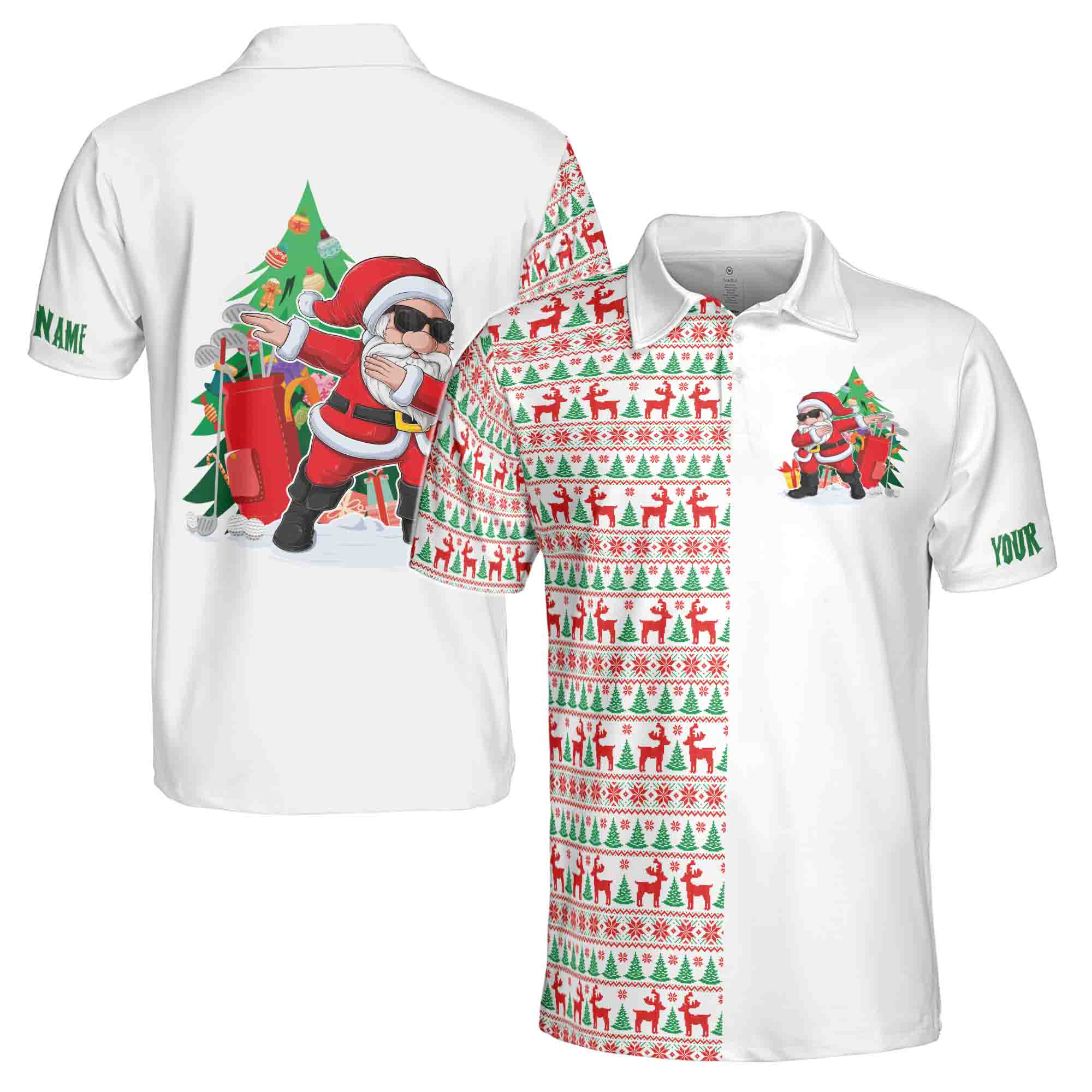 Funny Santa Golfer Custom Name Christmas Golf Ball Pattern Men's Polo Shirt S-5XL