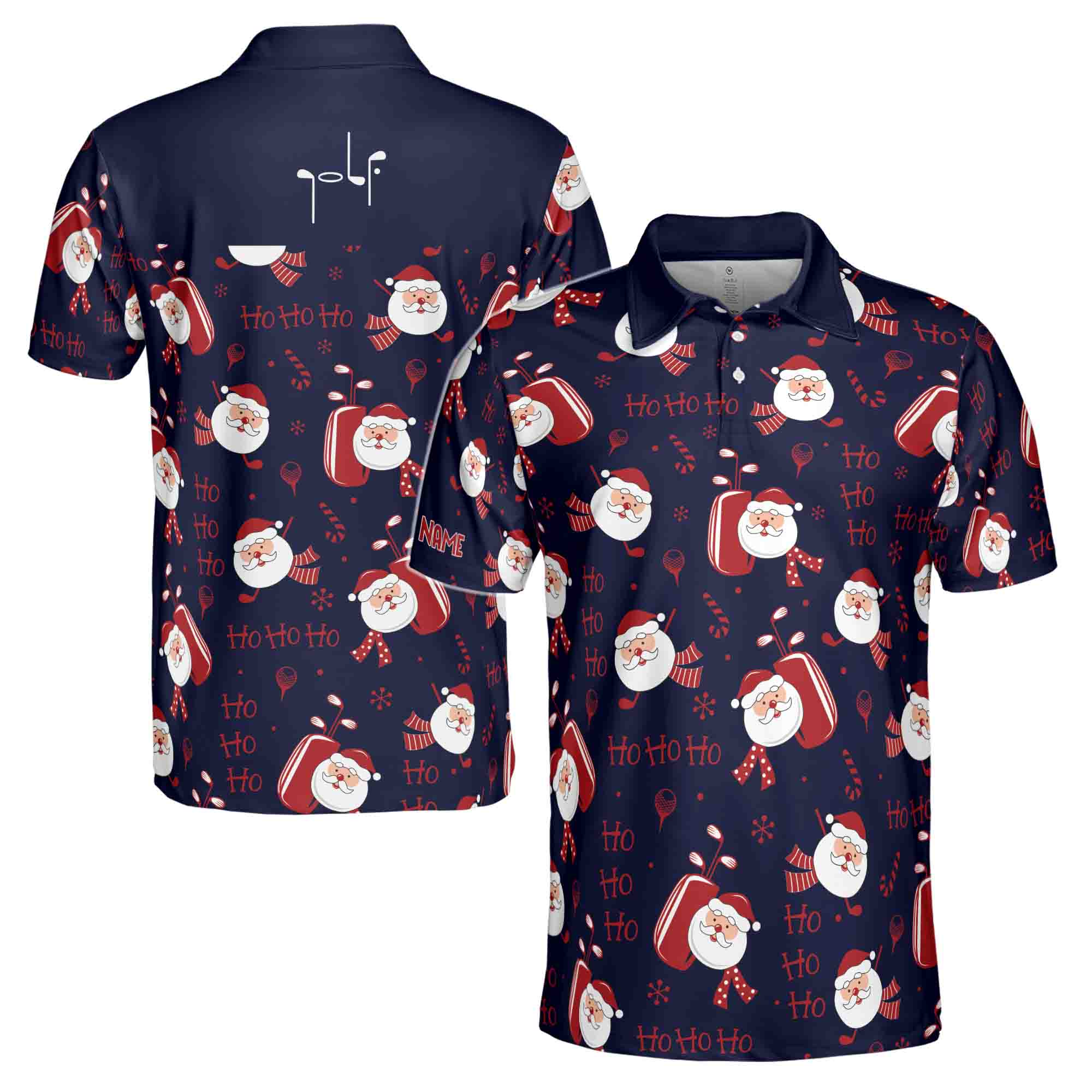 Funny Santa Golf Red Navy Shirt Custom Your Name, Christmas Gifts For Golfers 3D Men's Polo Shirt Size S-5XL