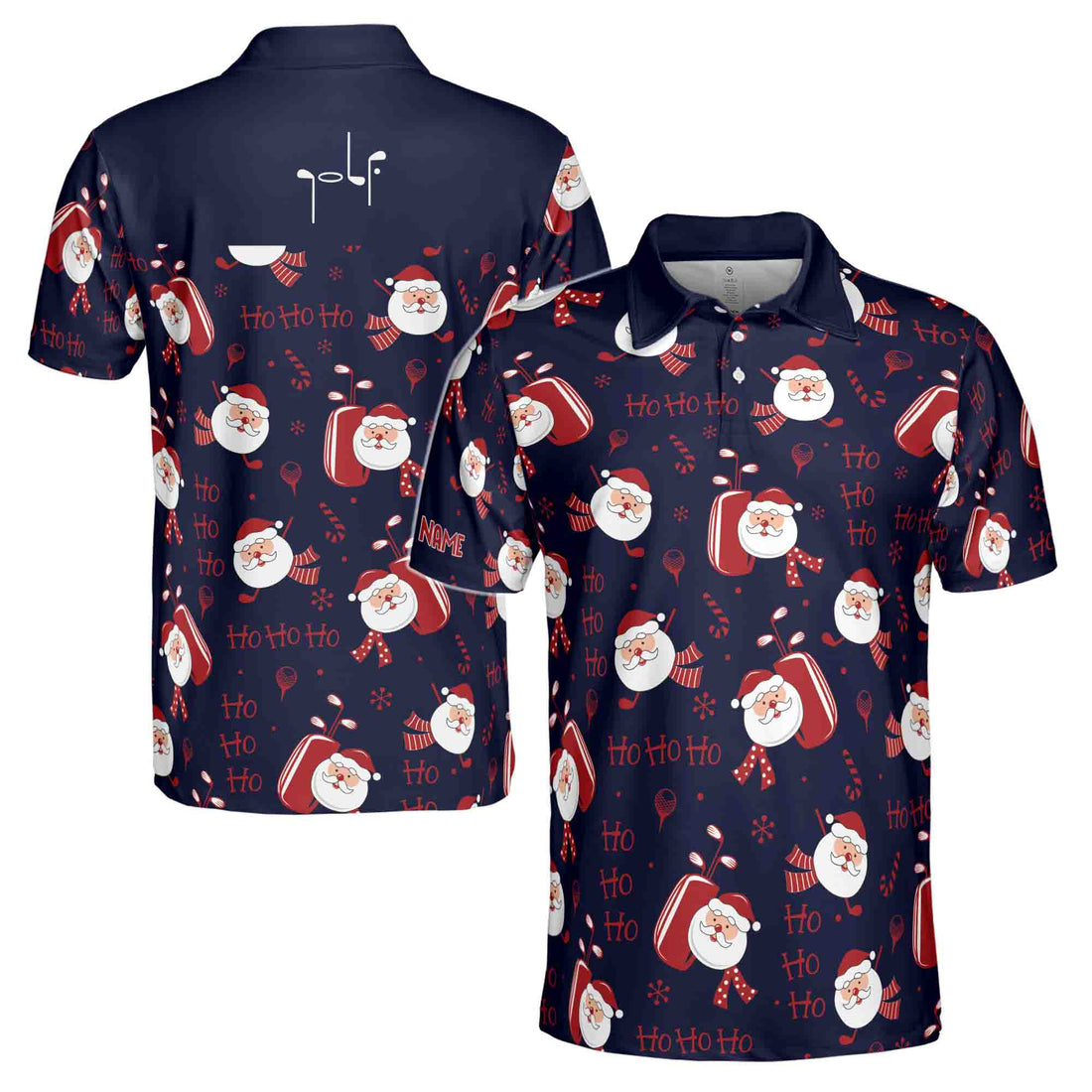 Funny Santa Golf Red Navy Shirt Custom Your Name, Christmas Gifts For Golfers 3D Men's Polo Shirt Size S-5XL