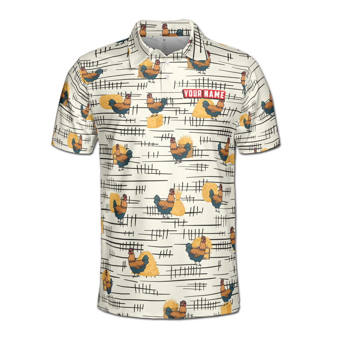 Funny Chicken Rooster Beside Haystacks Pattern Golf Men's Polo Shirt S-5XL