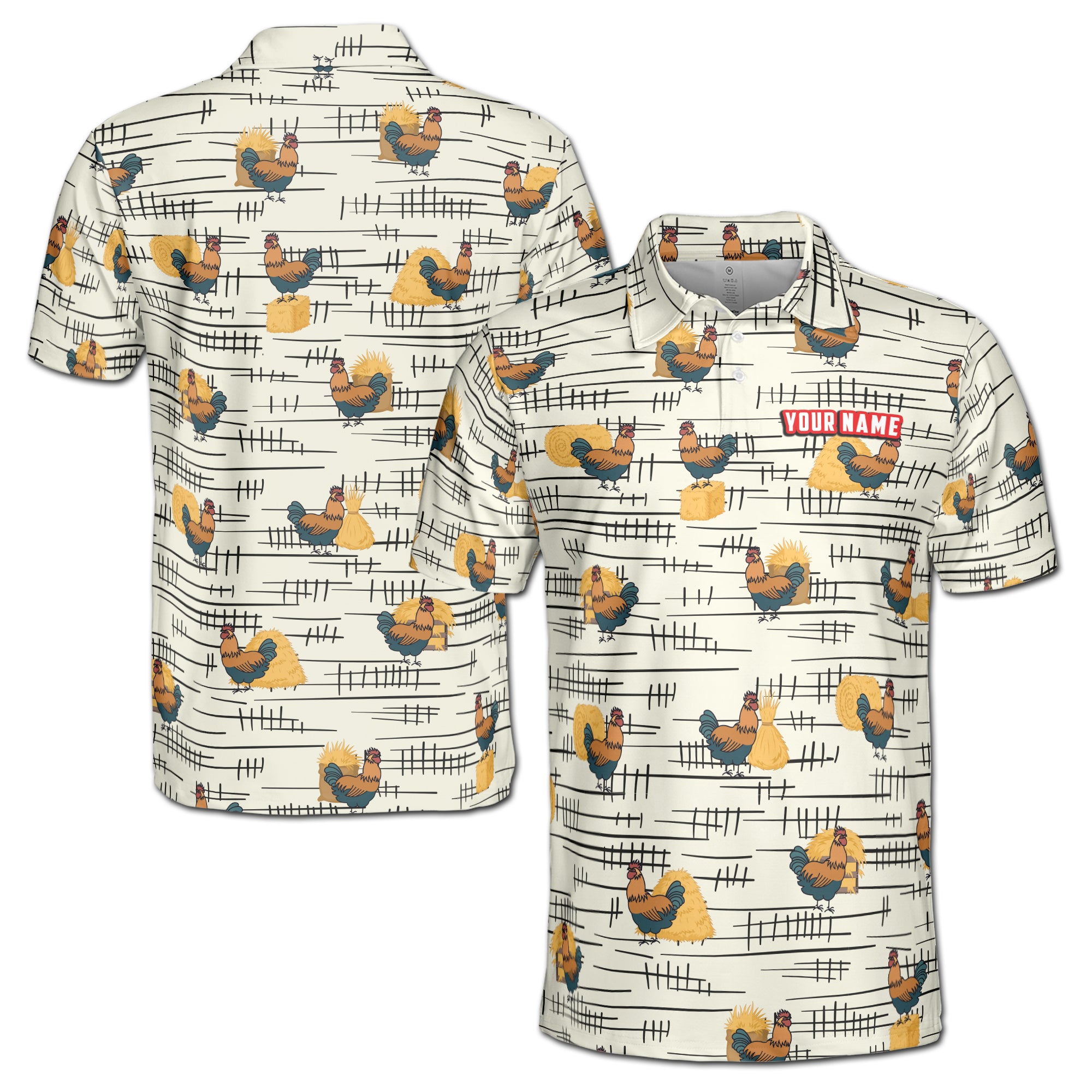 Funny Chicken Rooster Beside Haystacks Pattern Golf Men's Polo Shirt S-5XL