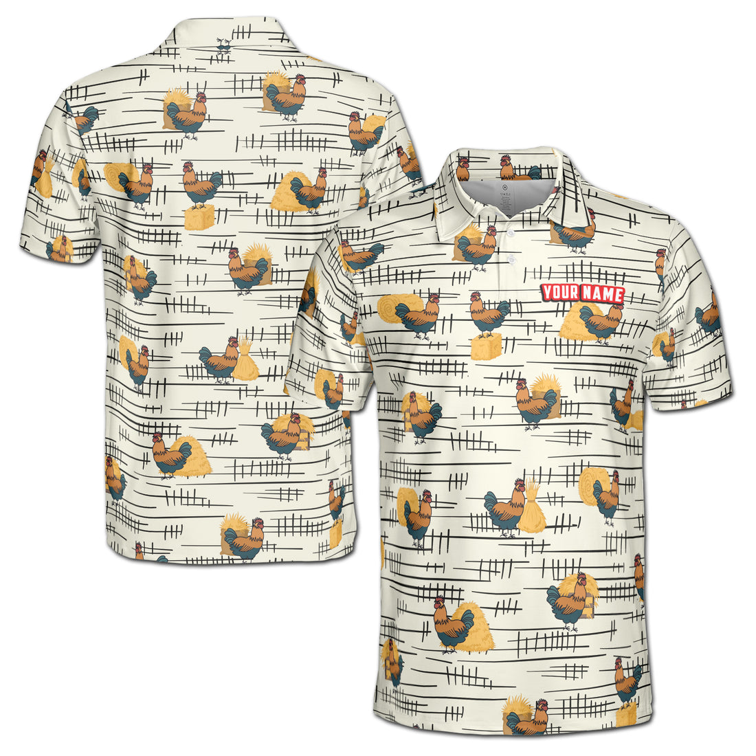 Funny Chicken Rooster Beside Haystacks Pattern Golf Men's Polo Shirt S-5XL
