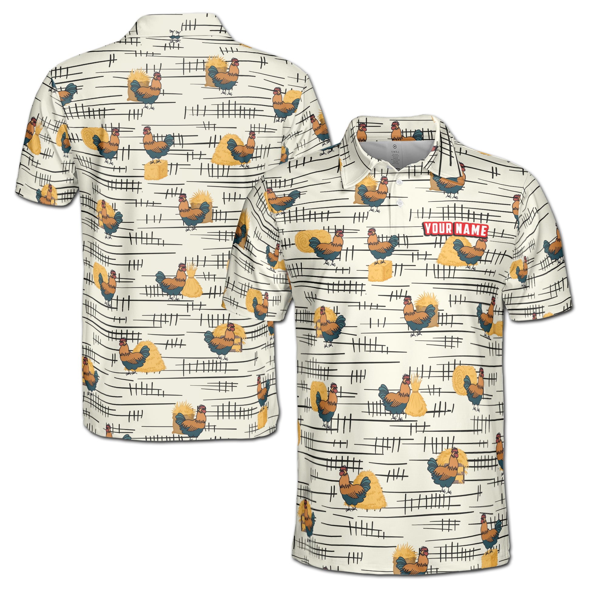 Funny Chicken Rooster Beside Haystacks Pattern Golf Men's Polo Shirt S-5XL