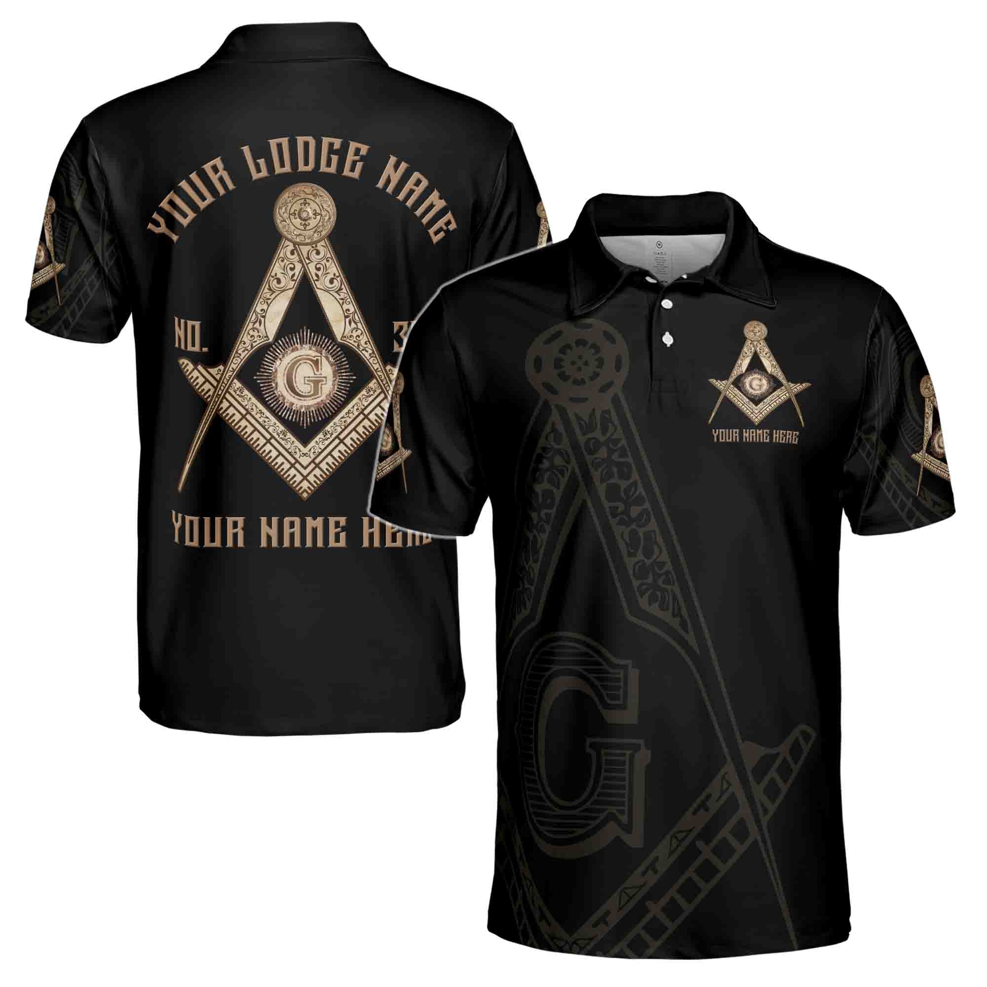 Customize Name, Lodge Name and Number Black and Rose Gold Freemason 3D All Over Print Men's Polo Shirts S-5XL