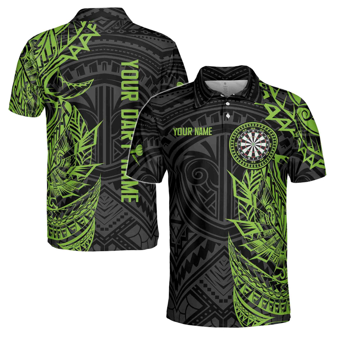 Customize Name Tribal Tattoo Green Black Custom Darts Men's Team Polo Shirt S-5XL