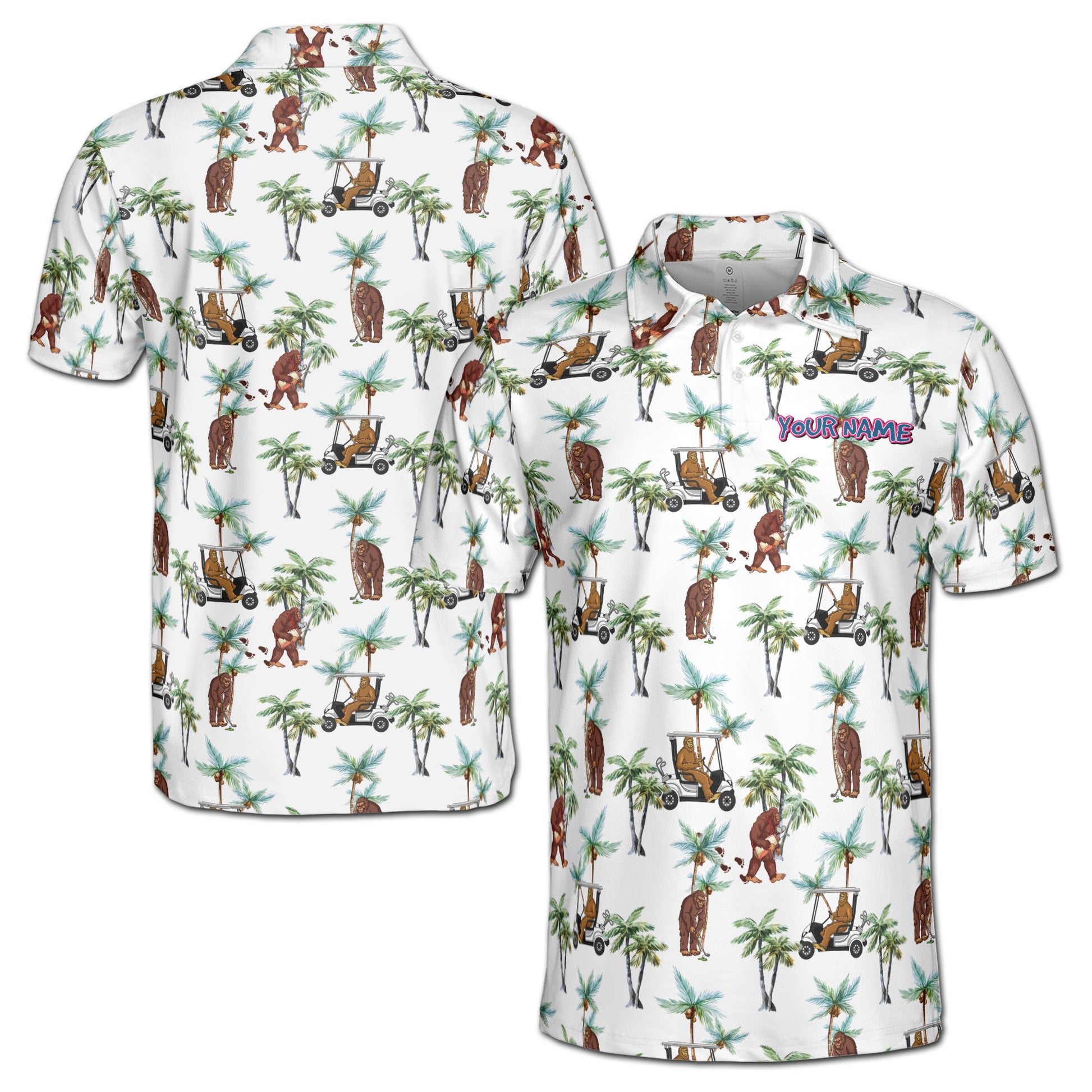 Funny Sasquatch Bigfoot Playing Golf, Tropical Golf Gift Men's Polo Shirts S-5XL
