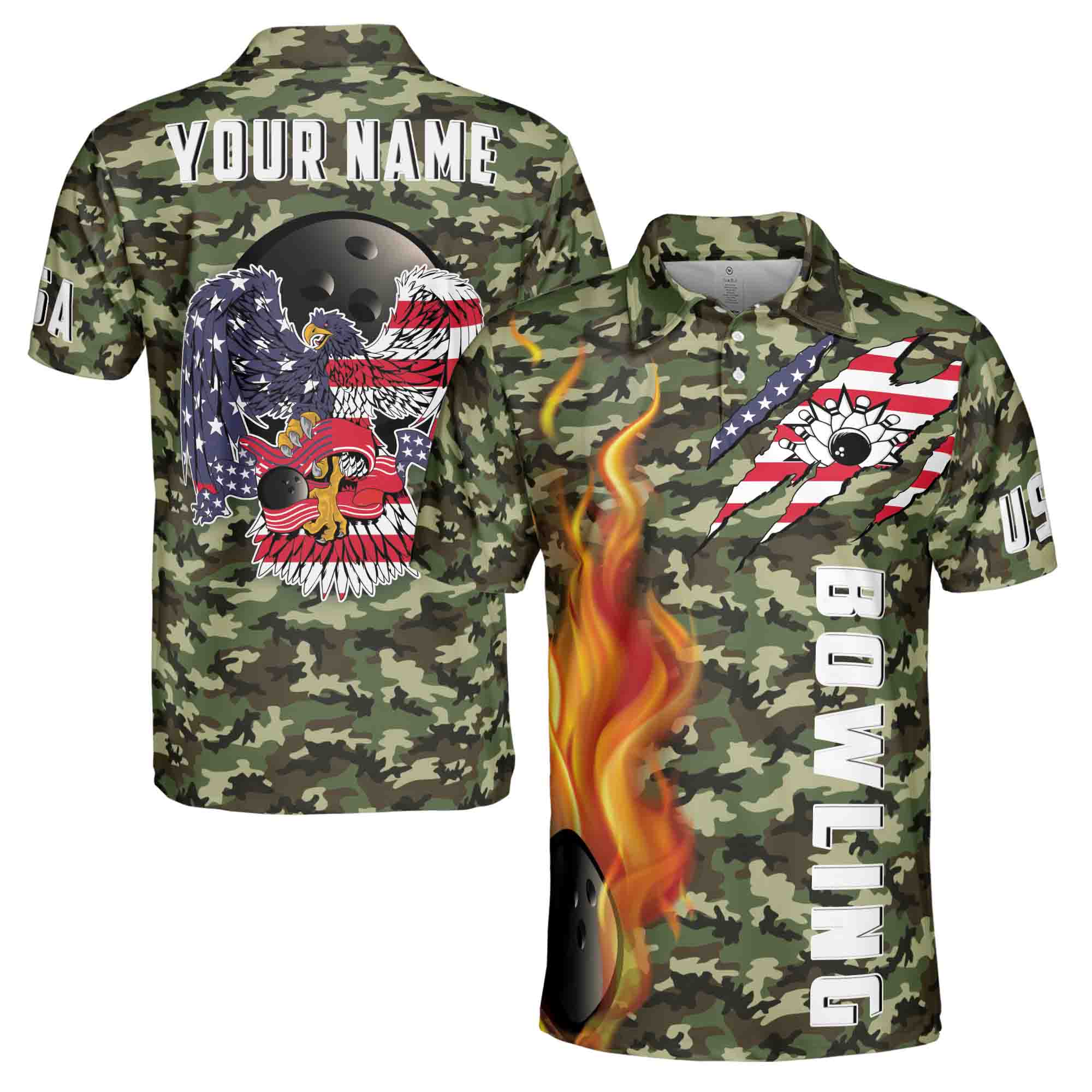 Customize Name, American Eagle Bowling Flame Men's Polo Shirt S-5XL