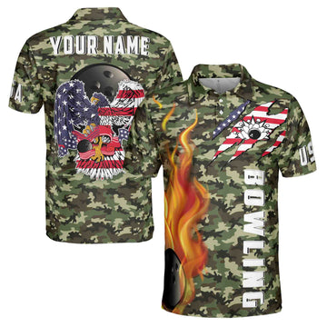 Customize Name, American Eagle Bowling Flame Men's Polo Shirt S-5XL
