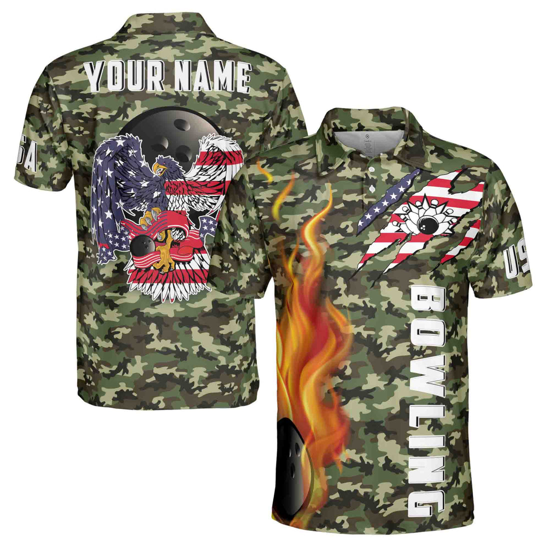Customize Name, Team name, American Eagle Bowling Flame Camouflage Men's Polo Shirt S-5XL