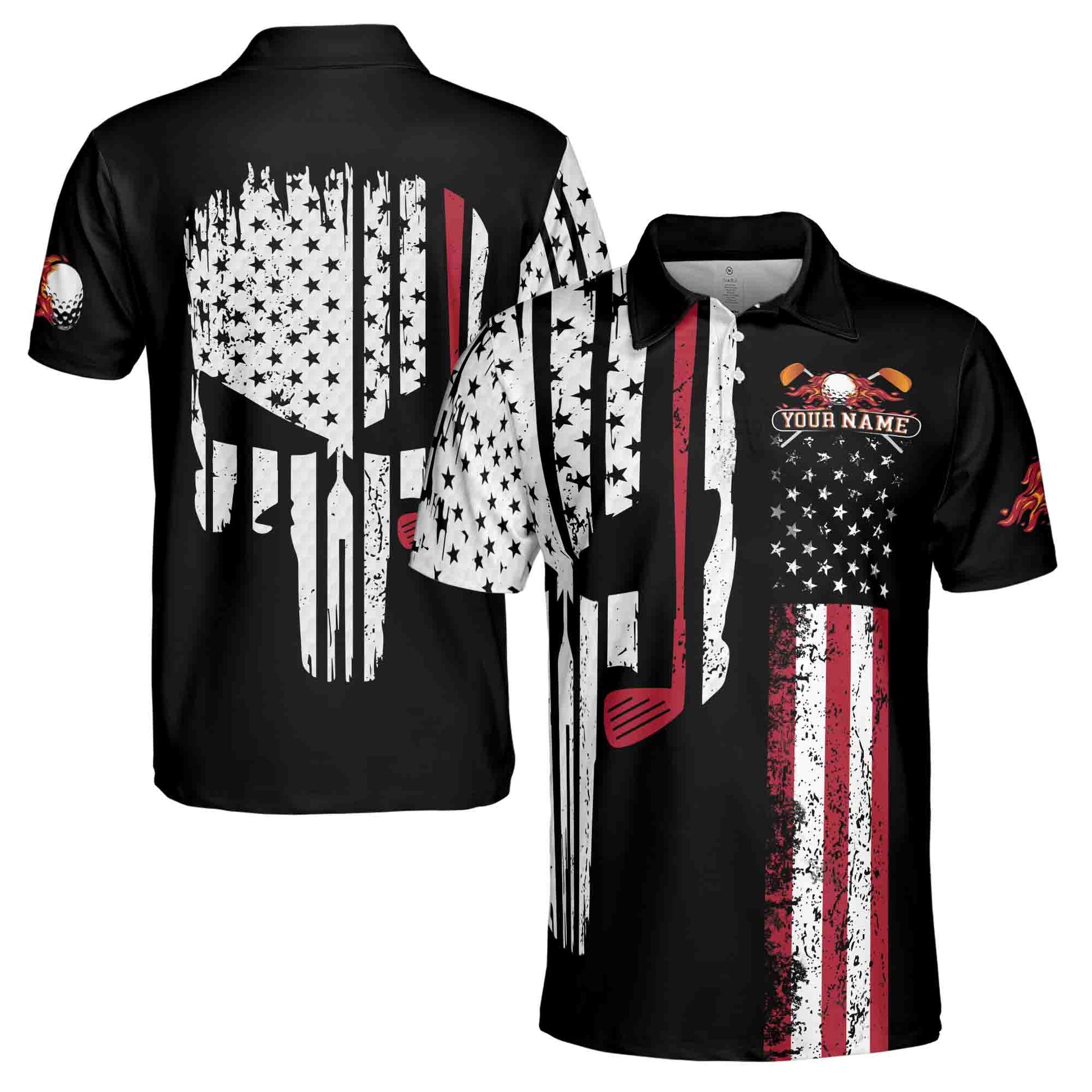 Customize Name Retro Patriotic American Skull Golfer Gift Golf 3D Men's Polo Shirts S-5XL