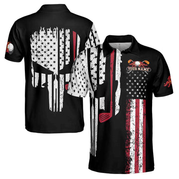 Customize Name Retro Patriotic American Skull Golfer Gift Golf 3D Men's Polo Shirts S-5XL