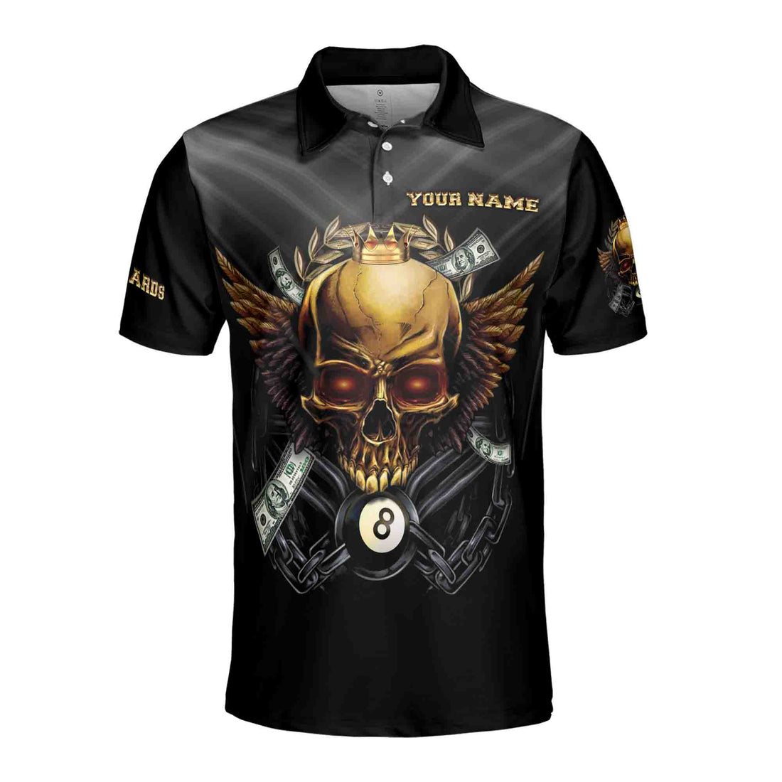 Customize Name Team name Golden Skull Billiard Skeleton 8 Balls Pool Men's Polo Shirt S-5XL