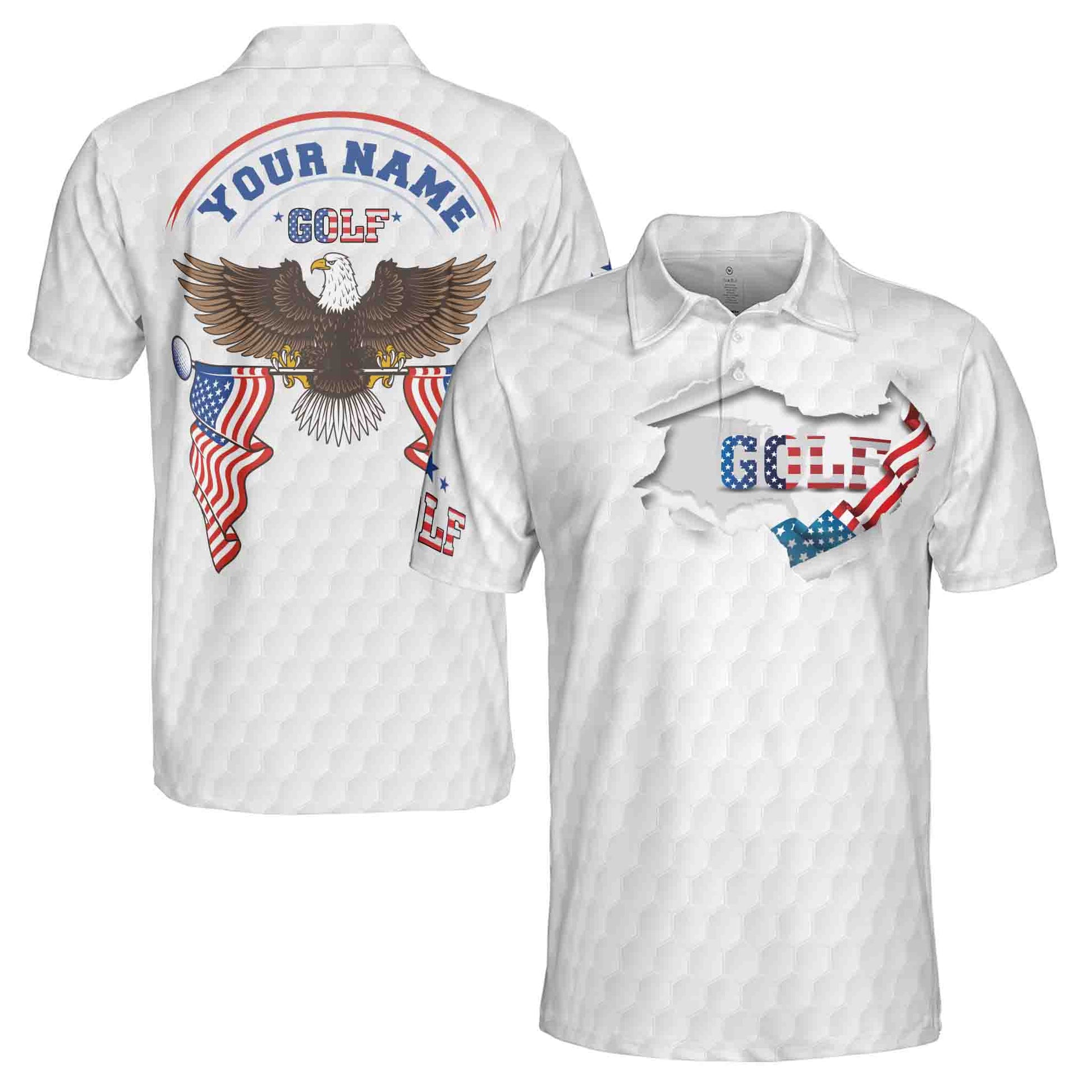 Customize Name Eagle American Golfer, Retro American Flag USA Golfing Men's Polo Shirt S-5XL