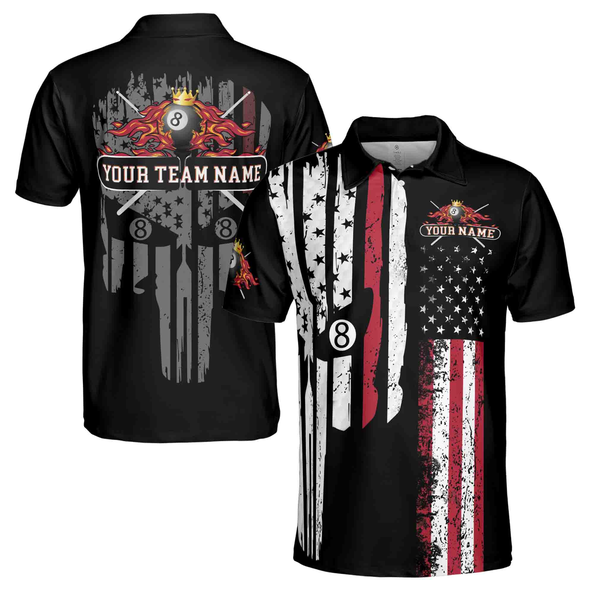 Customize Name Team Name Retro Patriotic American Skull Pool Gift Billiard 3D Polo Shirt Size S-5XL