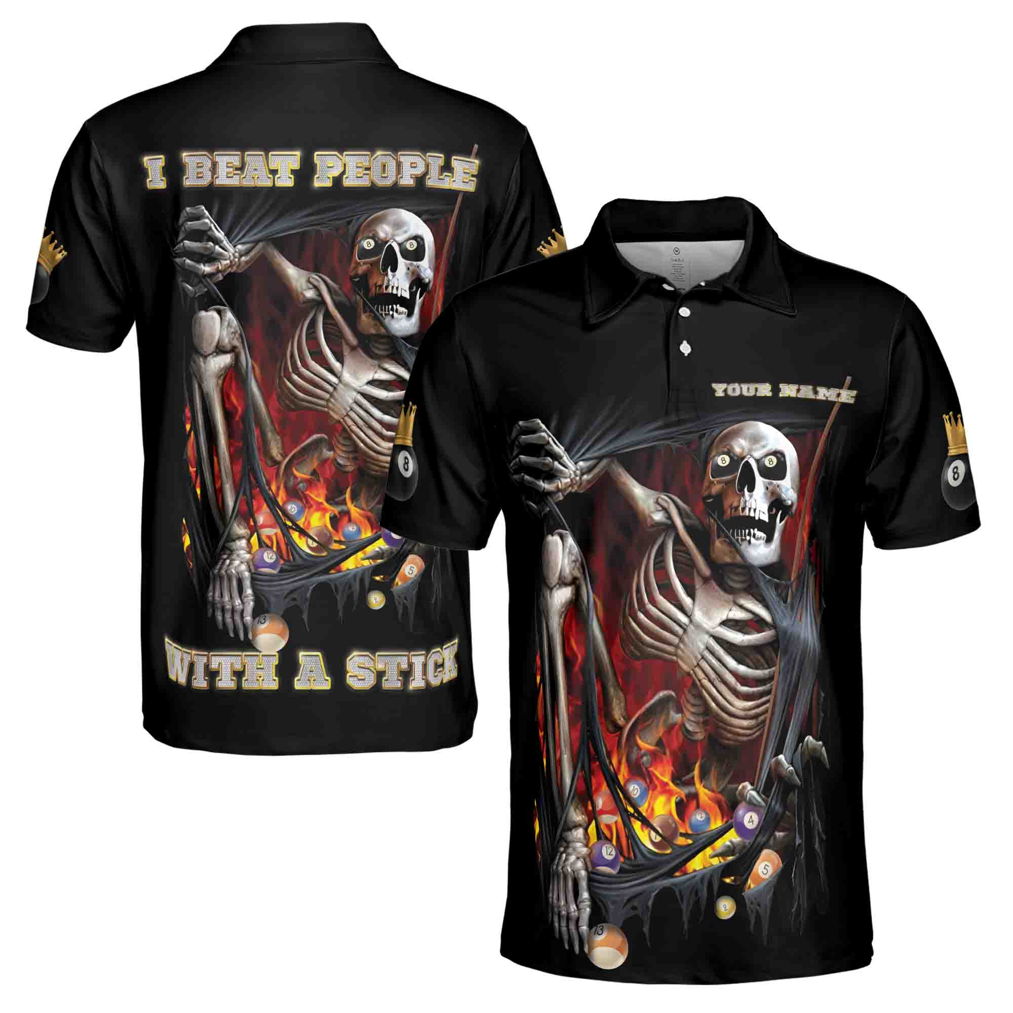 Customize Name I Beat People With A Stick Skeleton Billiard Pool Men's Polo Shirt S-5XL