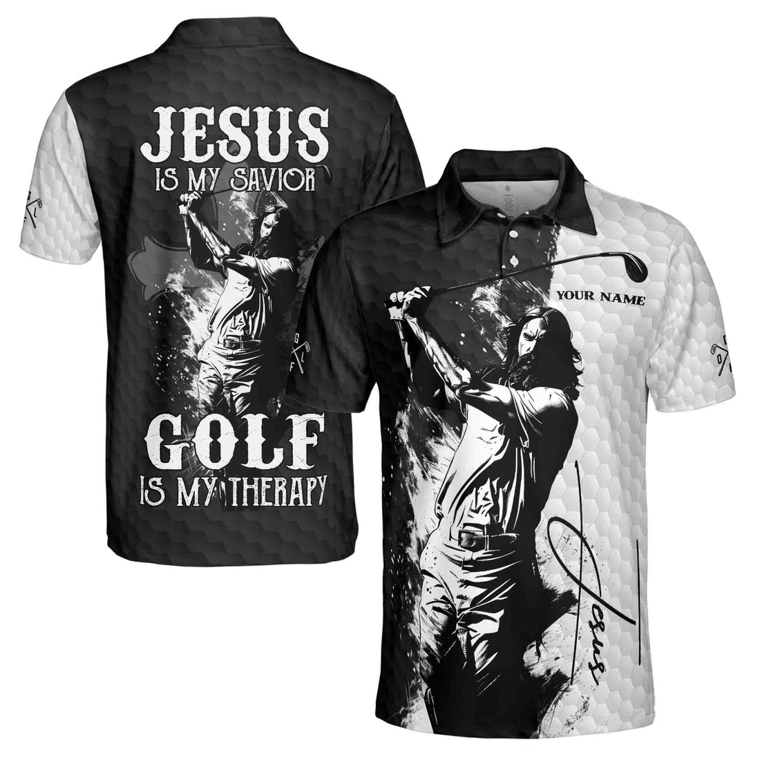 Customize Name Jesus Is My Savior Golf Is My Therapy Men's Polo Shirt S-5XL