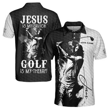 Customize Name Jesus Is My Savior Golf Is My Therapy Men's Polo Shirt S-5XL