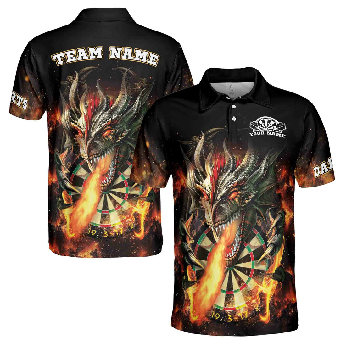 Custom Name Darts Dragon Flame Team Men's Polo Shirt S-5XL
