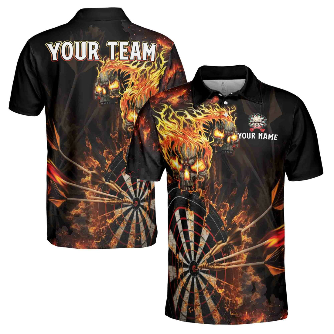 Custom Name Darts Skull Flame Team Men's Polo Shirt S-5XL