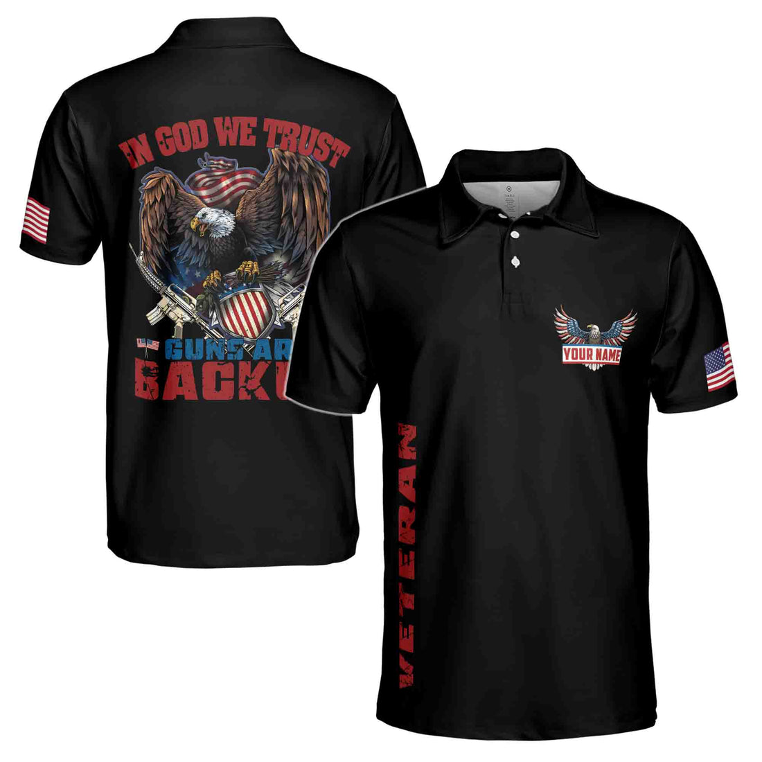 Custom Name Veteran American Eagle In God We Trust Guns Backup Men's Polo Shirt S-5XL