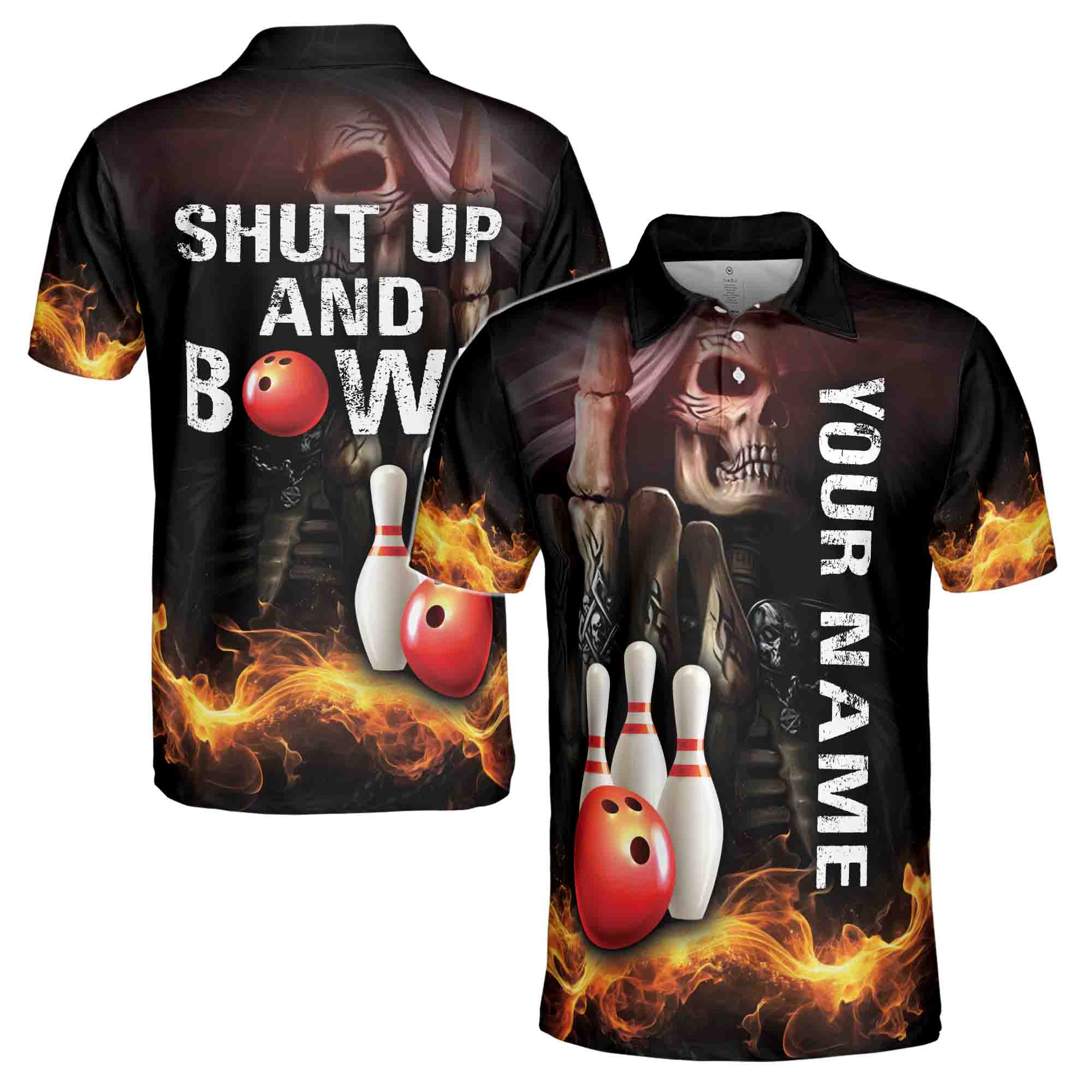Customize Name Skull Bowling Shut Up And Bowl Flame Men's Polo Shirt S-5XL