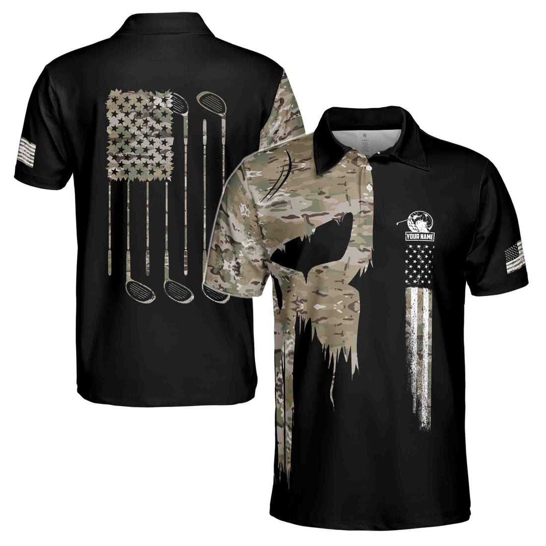 Custom Name Camo Skull Golf Camouflage American Golf Men's Polo Shirt S-5XL