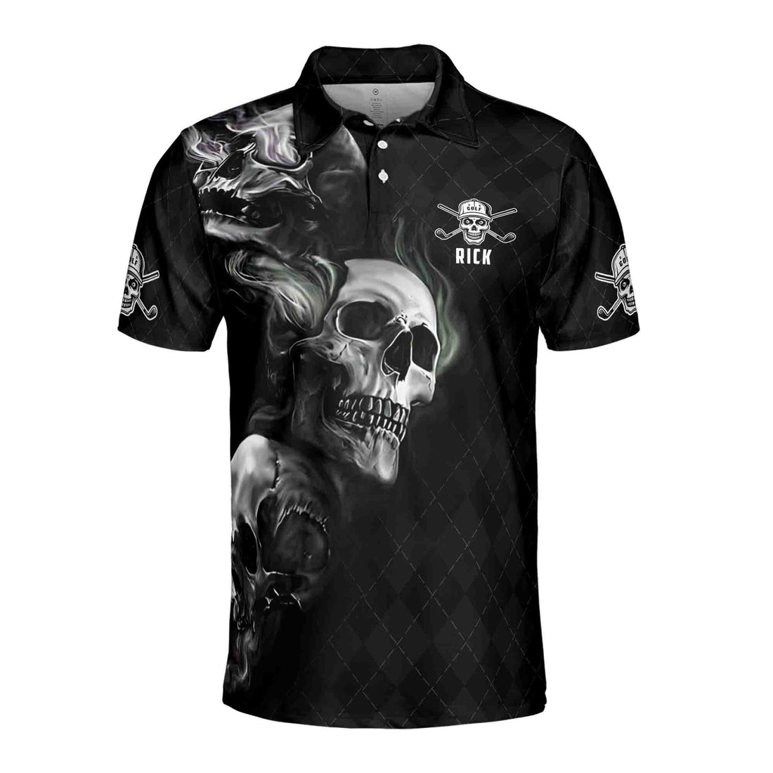 Custom Name Smoke Skull Dark Checked Golf Men's Polo Shirt S-5XL