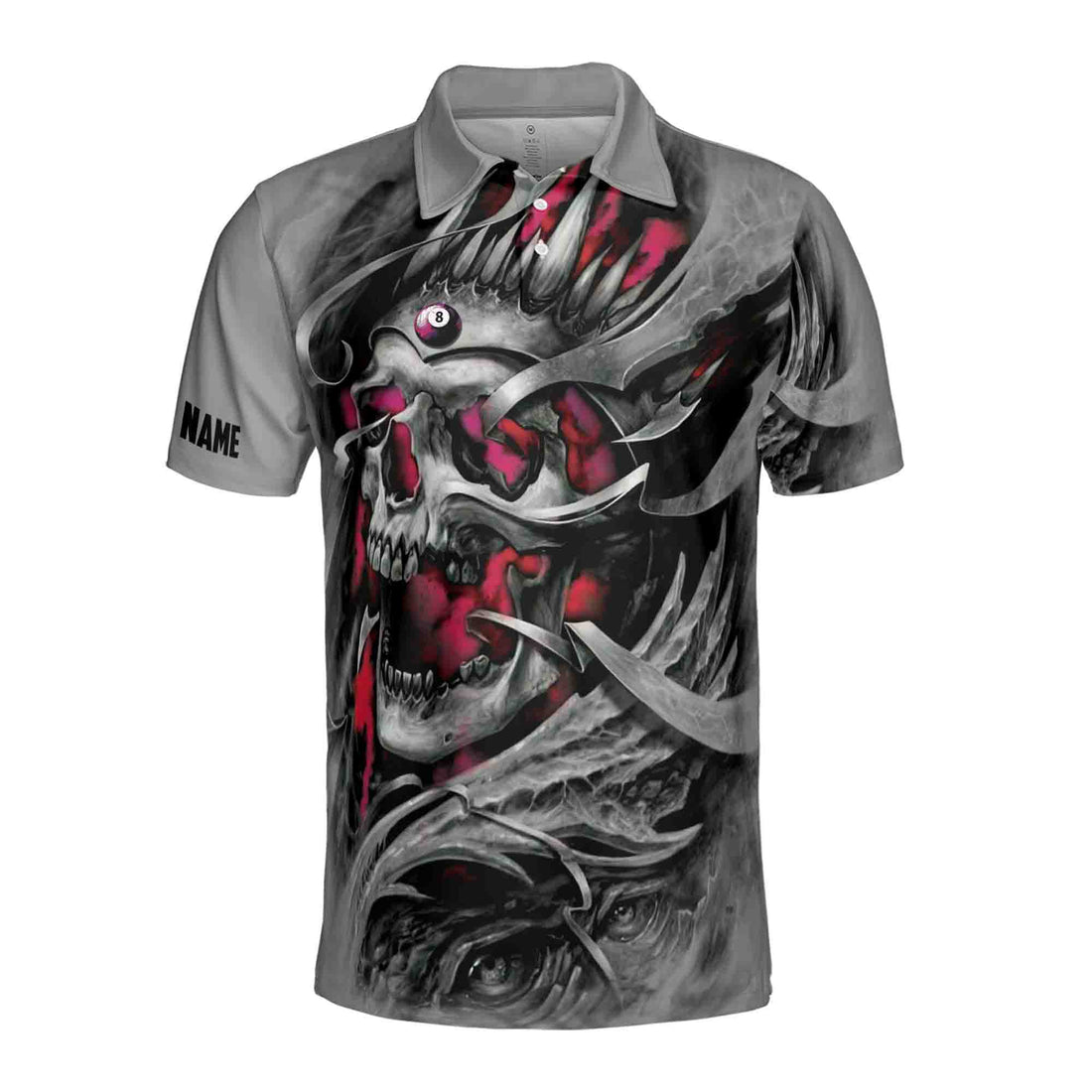 Custom Name Gray Skull Billiard 8 Balls Skeleton Pool Men's Polo Shirt S-5XL