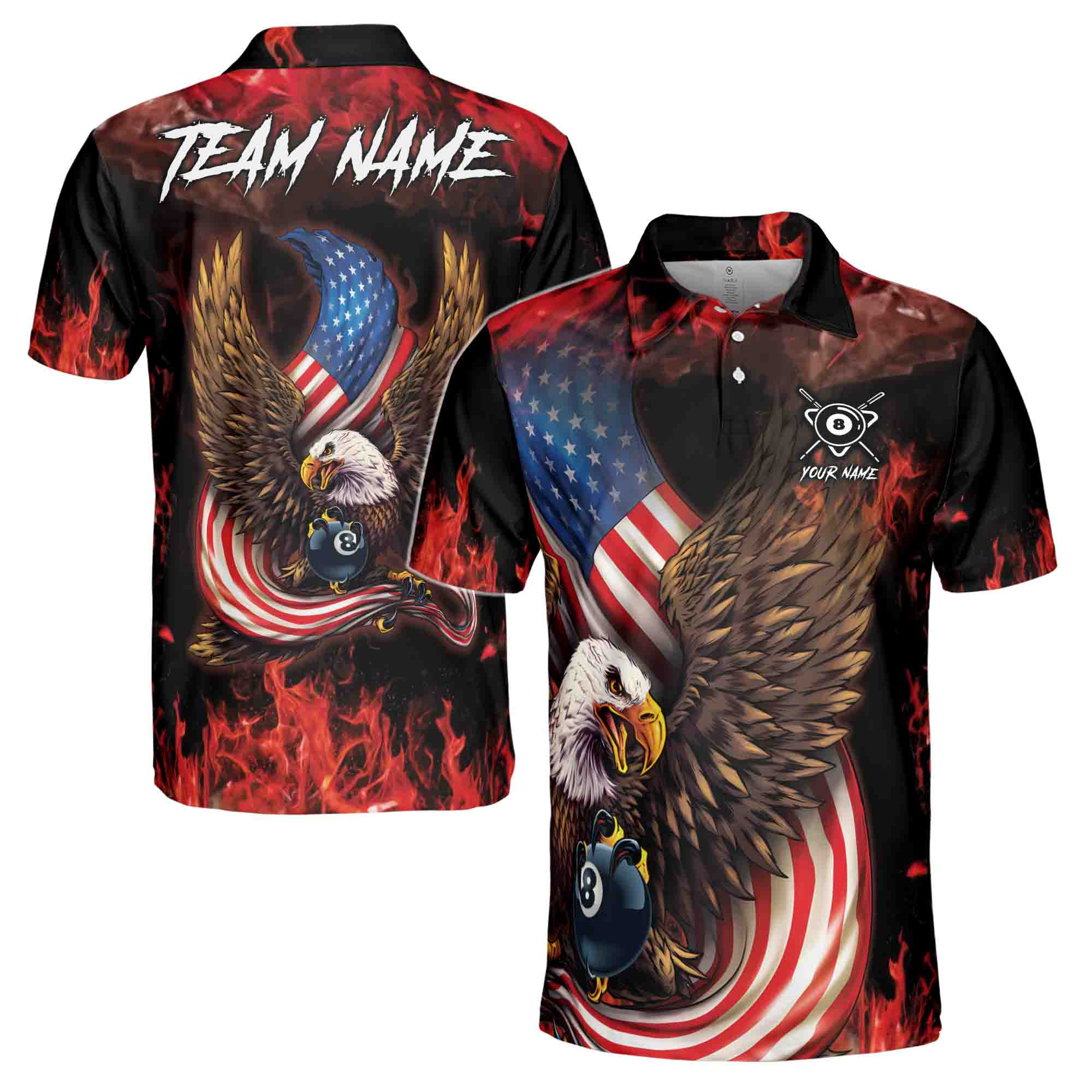 Custom Name Team Name 8 Balls Pool American Eagle Billiard Team Men's Polo Shirt S-5XL