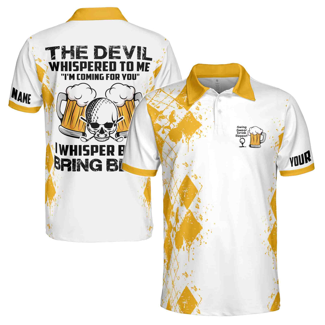 Funny Custom Name The Devil Whispered Bring Beer Skull Golf Men's Polo Shirt S-5XL