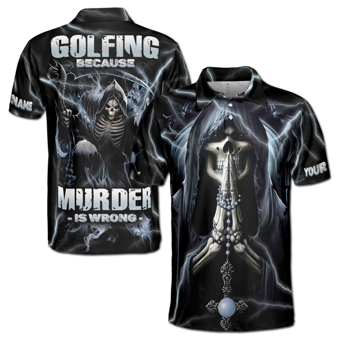 Custom Name Skeleton Golfing Because Murder Is Wrong Men's Polo Shirt S-5XL