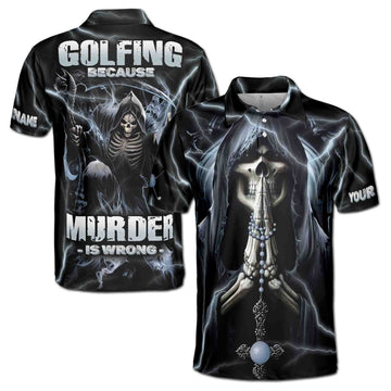 Custom Name Skeleton Golfing Because Murder Is Wrong Men's Polo Shirt S-5XL