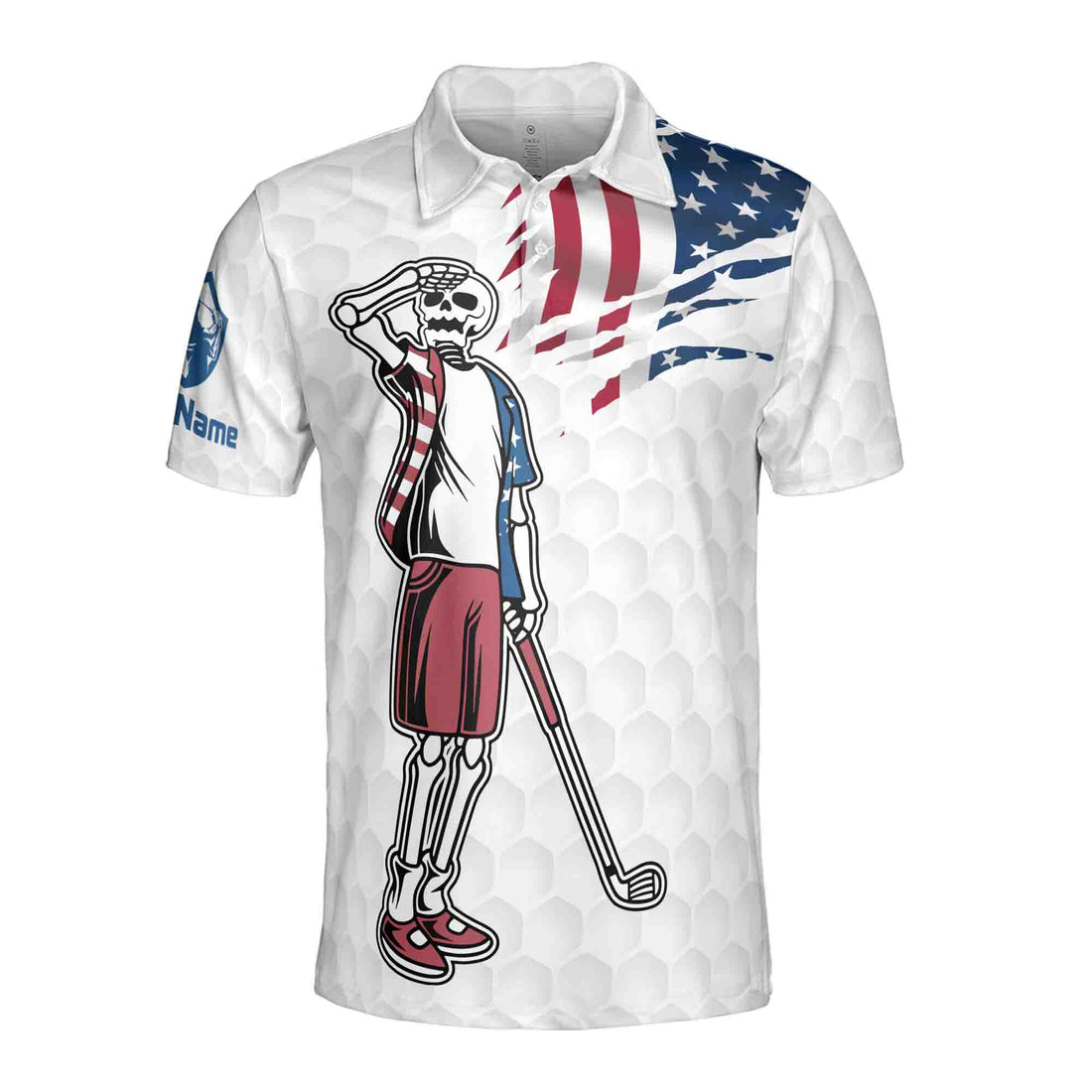 Customize Name Funny Skeleton Looking For Golf Ball American Flag Golf Men's Polo Shirt S-5XL