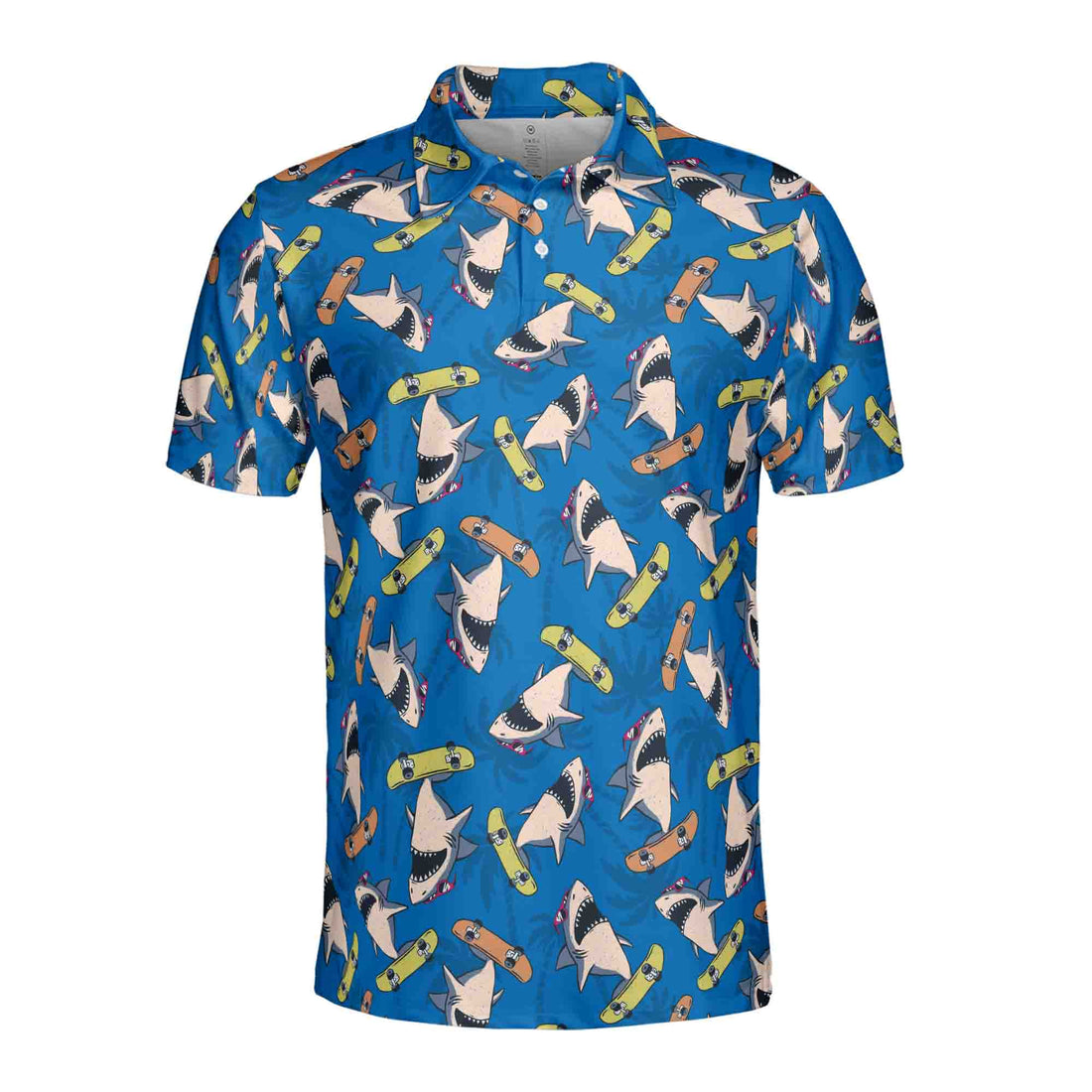 Funny Blue Shark Skateboard Player Tropical Beach Men's Polo Shirt S-5XL